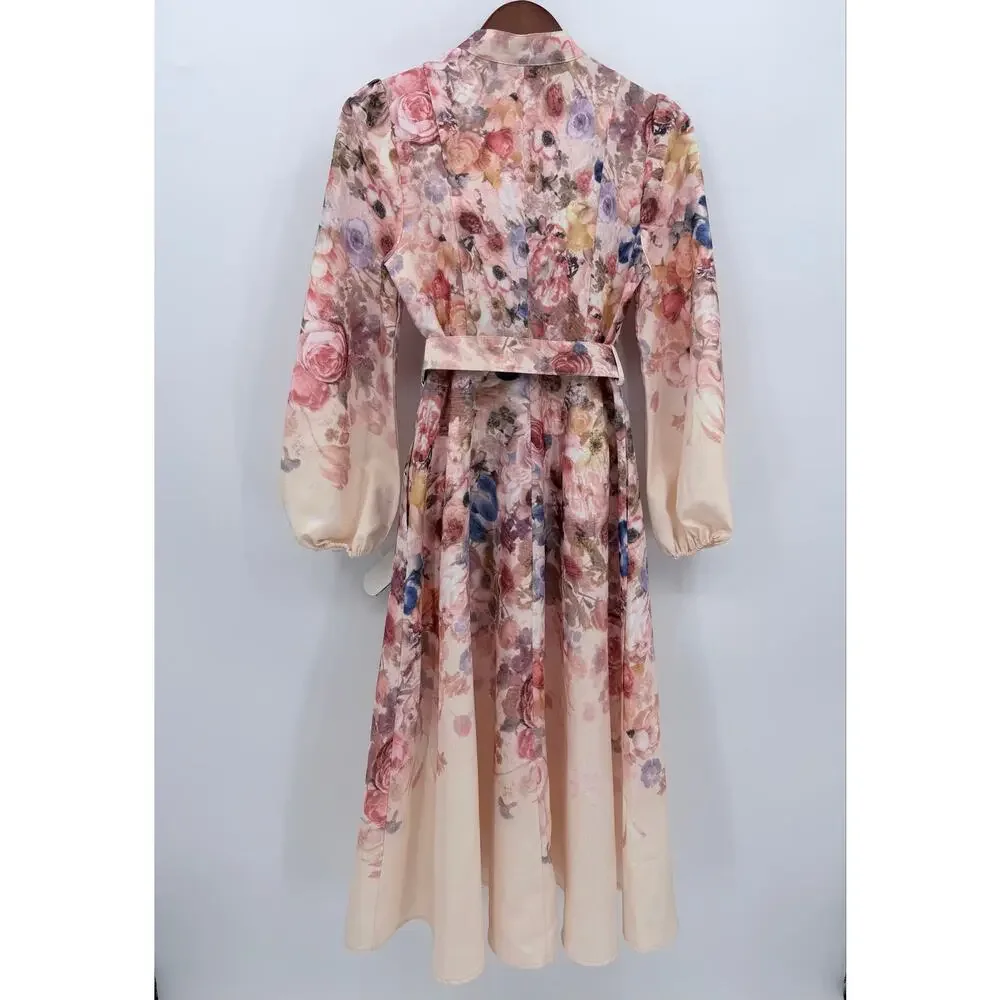 Commense Balloon Sleeve Floral Belted Midi Dress Mock Neck Pink Size Small NWT - Picture 7 of 9